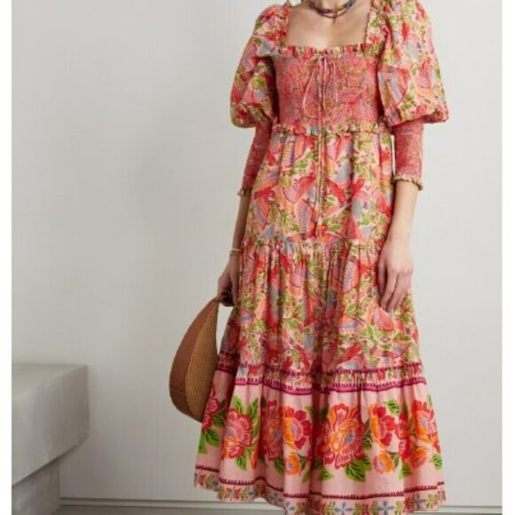 Farm Rio Macaw Flight Tiered Printed Cotton Smocked Floral Midi Dress Size M - Picture 16 of 17